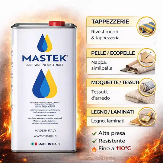 Confezione colla Mastek kg. 4,5 con evidenziate le caratteristiche ed usi visti attraverso l'immagine.